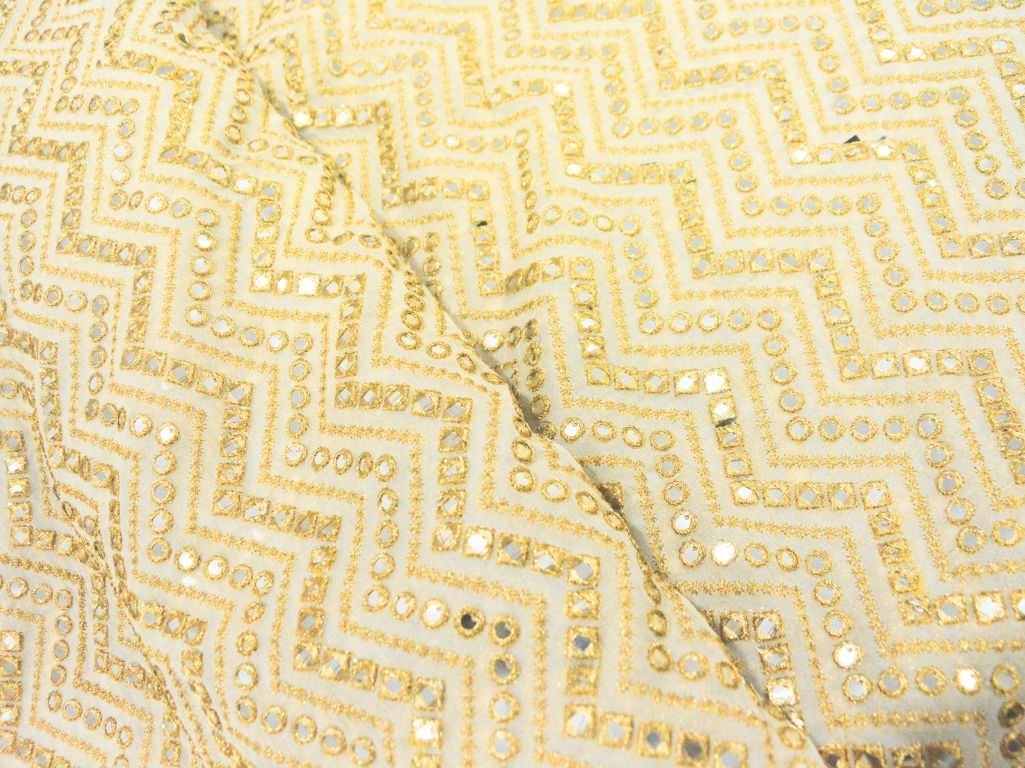 White Viscose Georgette With Sequins Embroidered Fabric