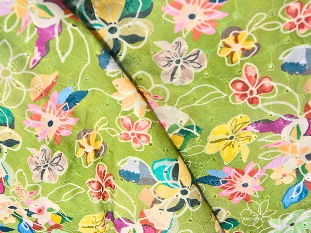 Light Green 100 % Pure Cotton Chikan Embroidered Fabric