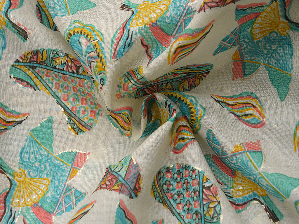 Cream & Sea Green Quirky Pure Mul Mul Cotton Fabric