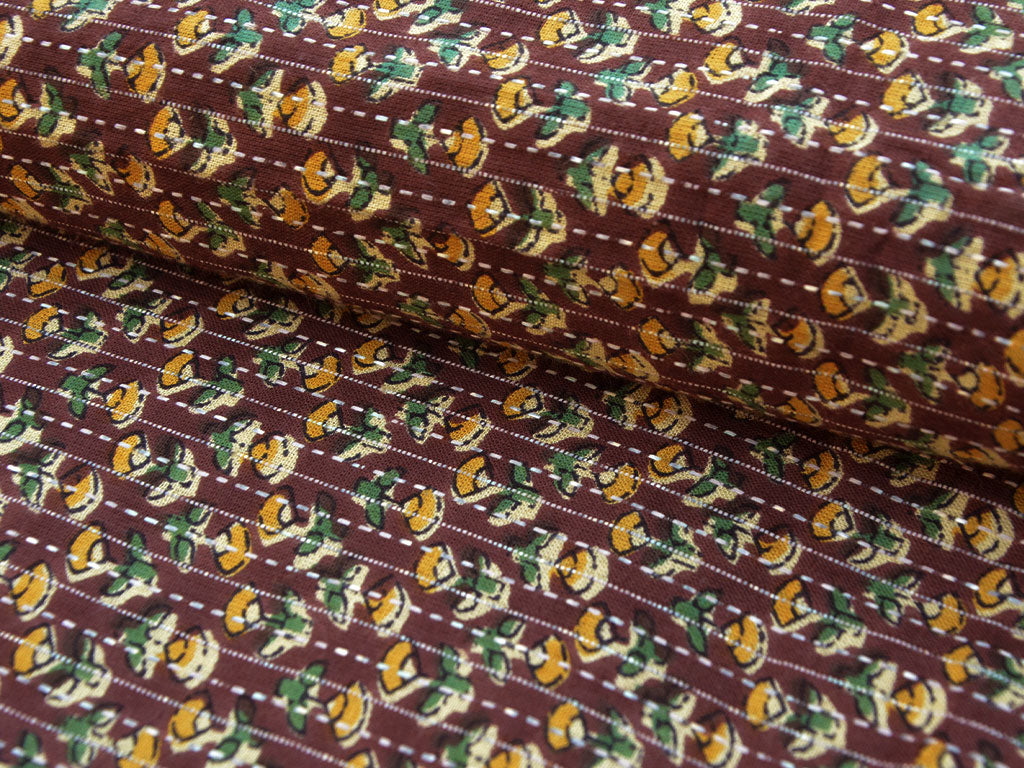 Brown Floral Pure Cotton Kantha Fabric