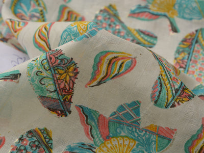 Cream & Sea Green Quirky Pure Mul Mul Cotton Fabric