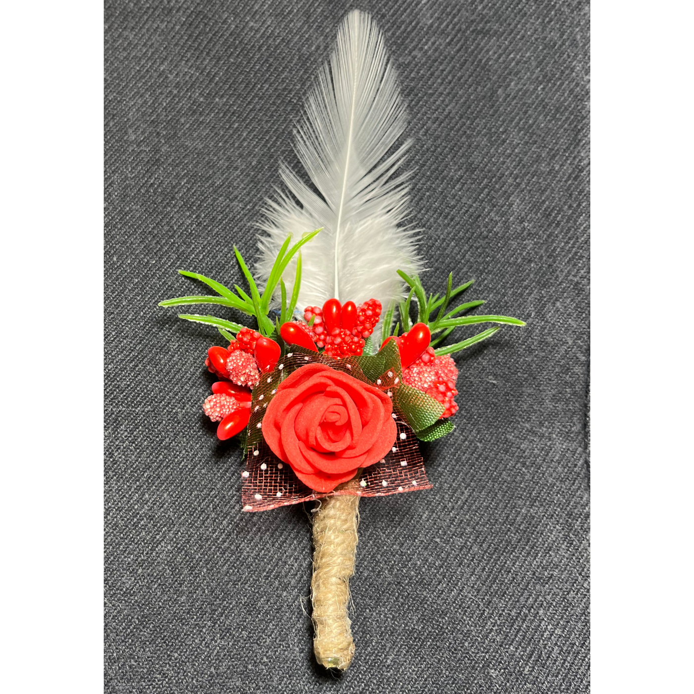 Red & White Faux Feather Flower Brooch