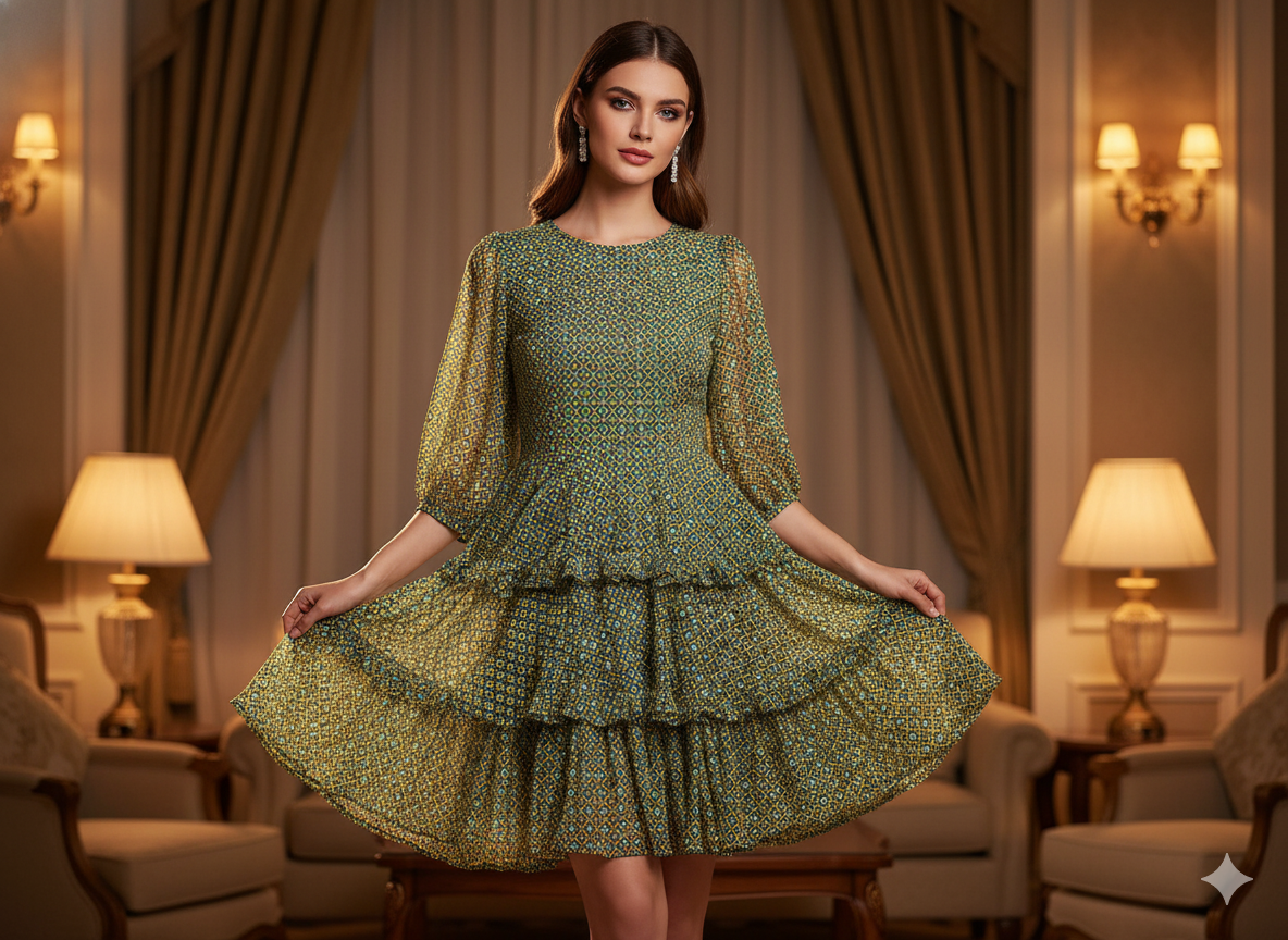 Yellow & Green Diamond Digitally Printed Butter Crepe Fabric