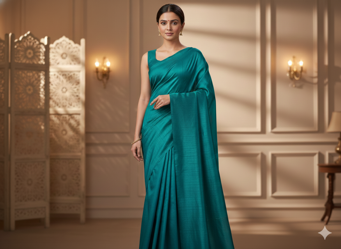 Peacock Blue Plain Bangalore Raw Silk Fabric  (Wholesale)