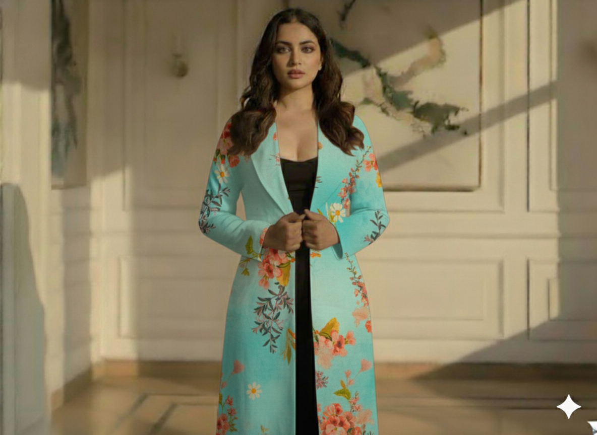 Sky Blue Floral Printed Semi Pashimna Woolen Fabric