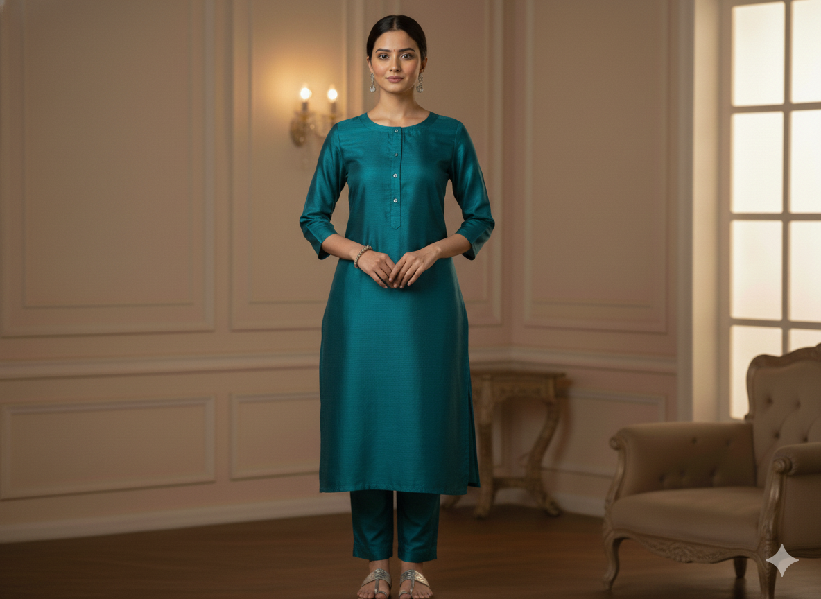 Peacock Blue Plain Bangalore Raw Silk Fabric  (Wholesale)