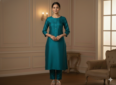 Peacock Blue Plain Bangalore Raw Silk Fabric  (Wholesale)