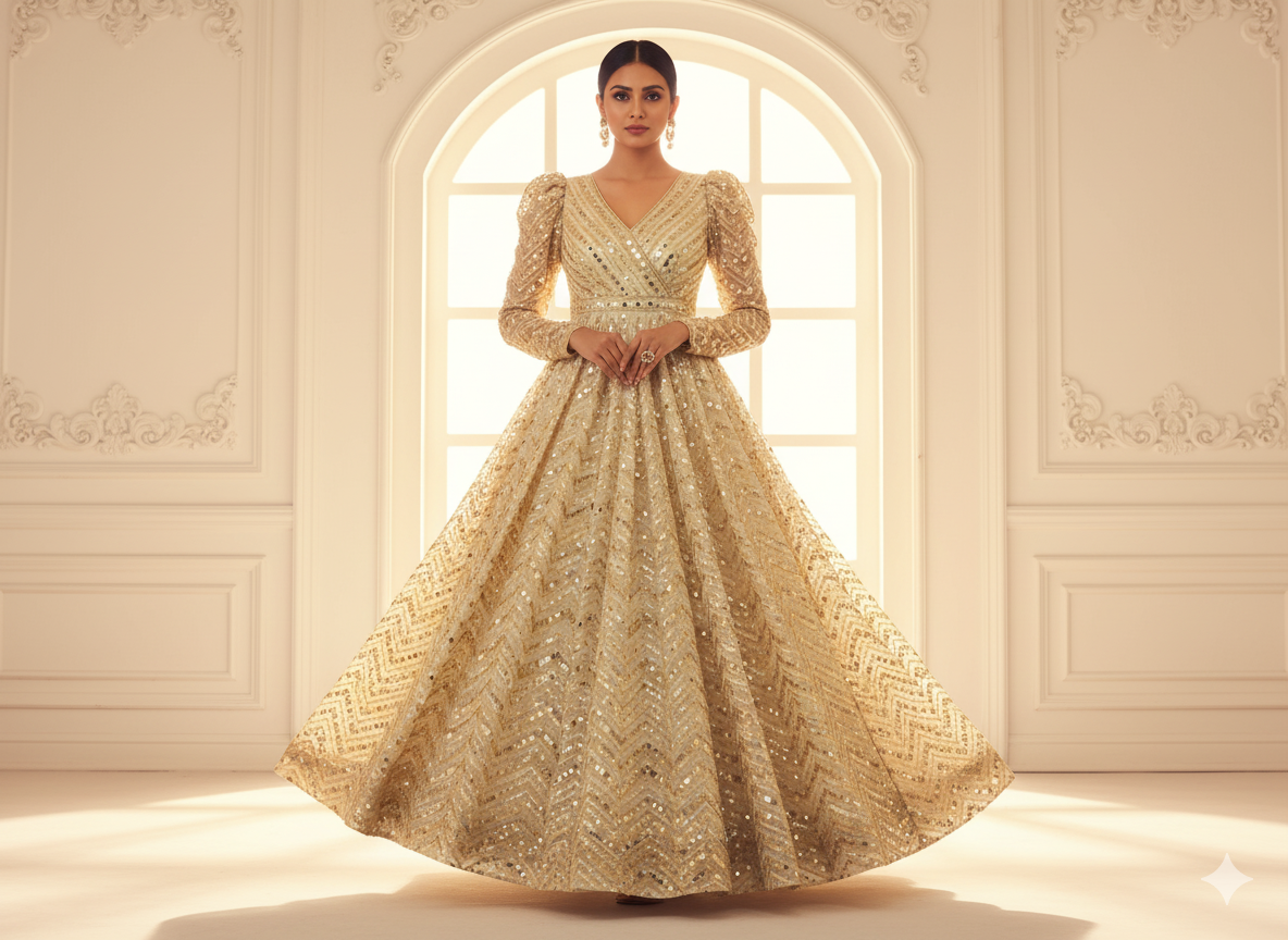 White Viscose Georgette With Sequins Embroidered Fabric