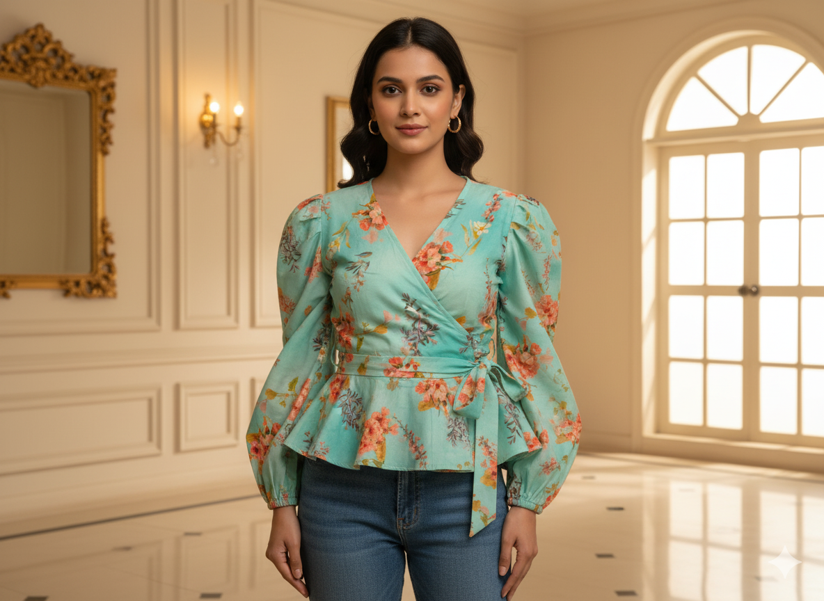 Sky Blue Floral Printed Semi Pashimna Woolen Fabric