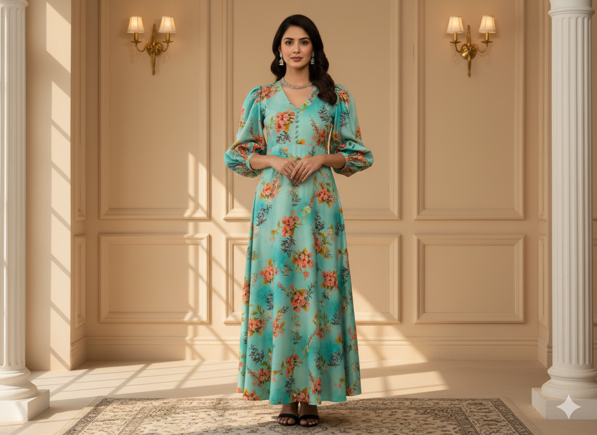 Sky Blue Floral Printed Semi Pashimna Woolen Fabric