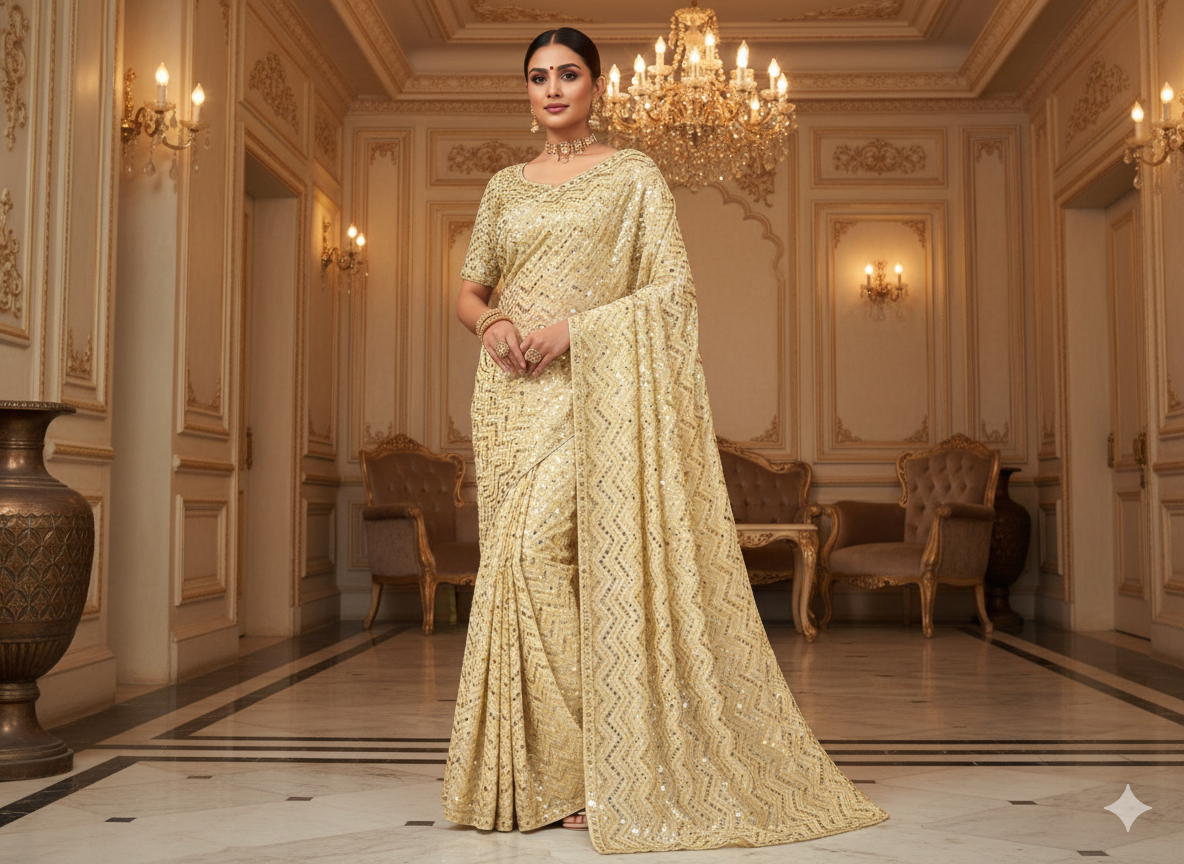 White Viscose Georgette With Sequins Embroidered Fabric
