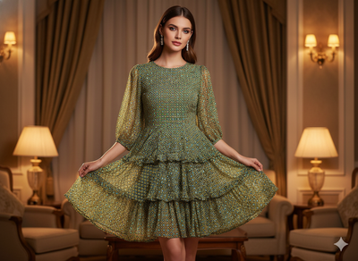 Dark Green Diamond Digitally Printed Butter Crepe Fabric