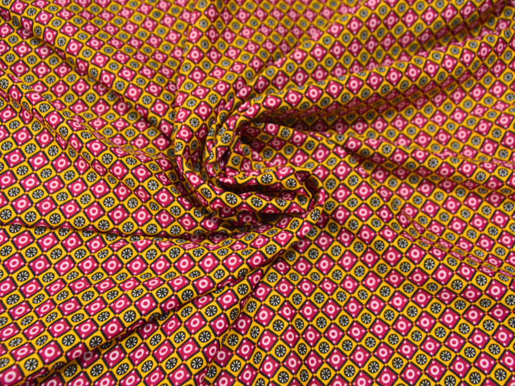 Pink & Yellow Diamond Digitally Printed Butter Crepe Fabric