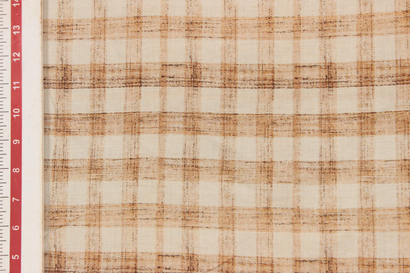 Precut 1.5 Metres Cream & Light Brown Check Printed Cotton Linen  Fabric