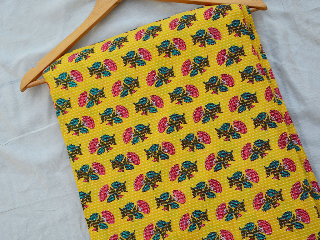 Yellow Floral Pure Cotton Kantha Fabric