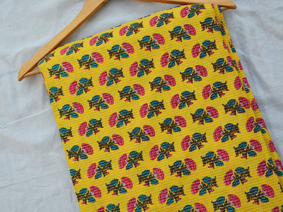 Yellow Floral Pure Cotton Kantha Fabric