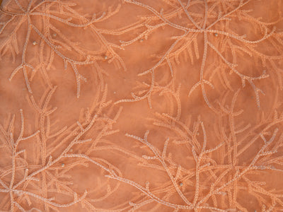 Light Peach Abstract Floral Thread Embroidered Net Fabric