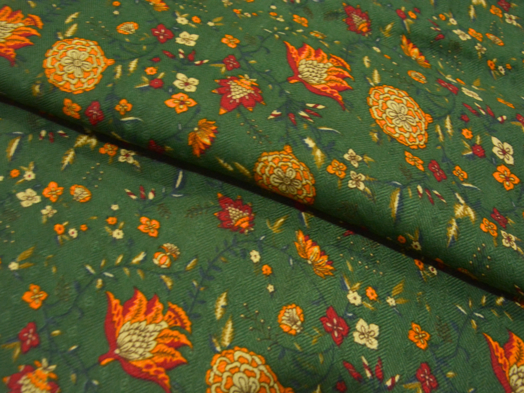 Dark Green Floral Printed Semi Pashimna Woolen Fabric