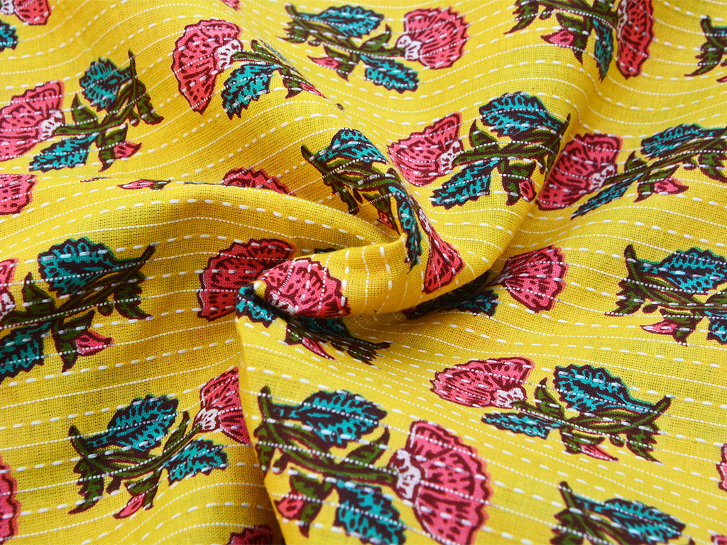 Yellow Floral Pure Cotton Kantha Fabric