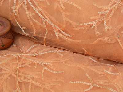 Light Peach Abstract Floral Thread Embroidered Net Fabric