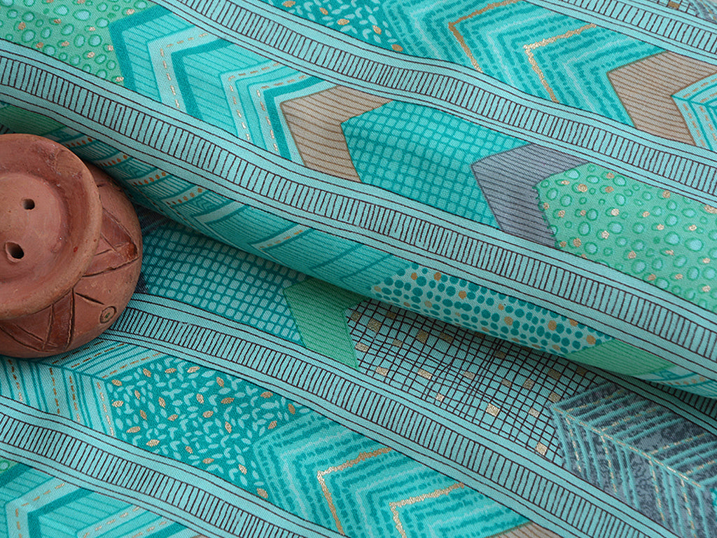 Turquoise Blue Geometric Digital Print Cotton Rayon Fabric