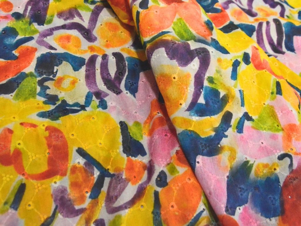 Multicolor 100 % Pure Cotton Chikan Embroidered Fabric