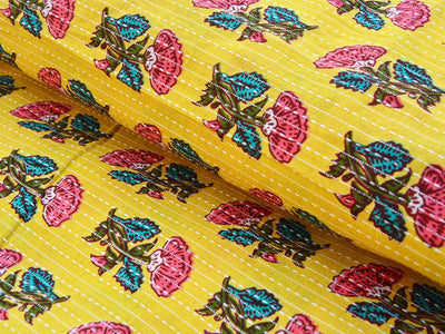 Yellow Floral Pure Cotton Kantha Fabric
