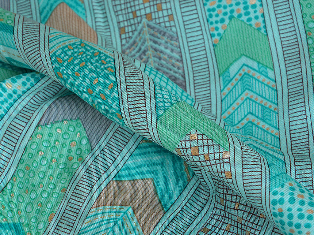 Turquoise Blue Geometric Digital Print Cotton Rayon Fabric