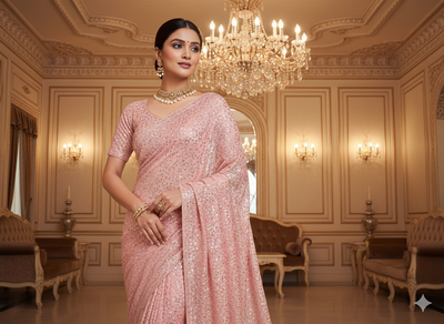 Baby Pink   Viscose Georgette With Sequins Embroidered Fabric