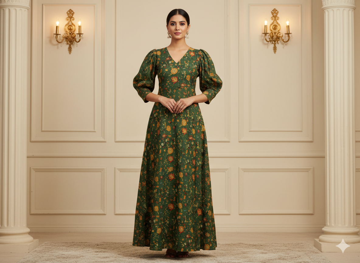 Dark Green Floral Printed Semi Pashimna Woolen Fabric