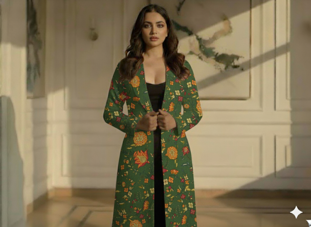 Dark Green Floral Printed Semi Pashimna Woolen Fabric