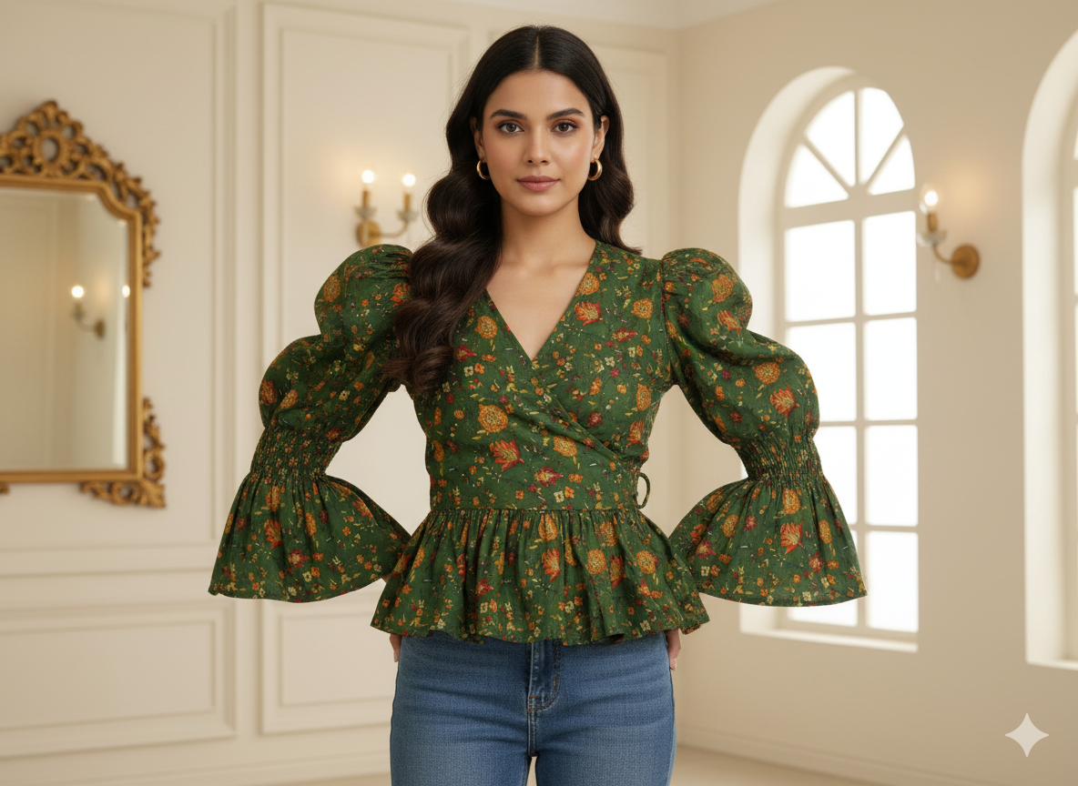 Dark Green Floral Printed Semi Pashimna Woolen Fabric