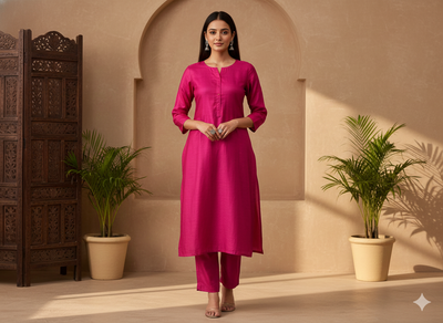 Bright Pink Plain Bangalore Raw Silk Fabric  (Wholesale)