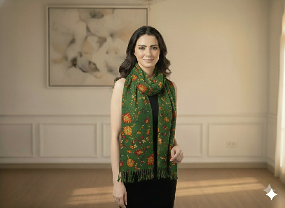 Dark Green Floral Printed Semi Pashimna Woolen Fabric