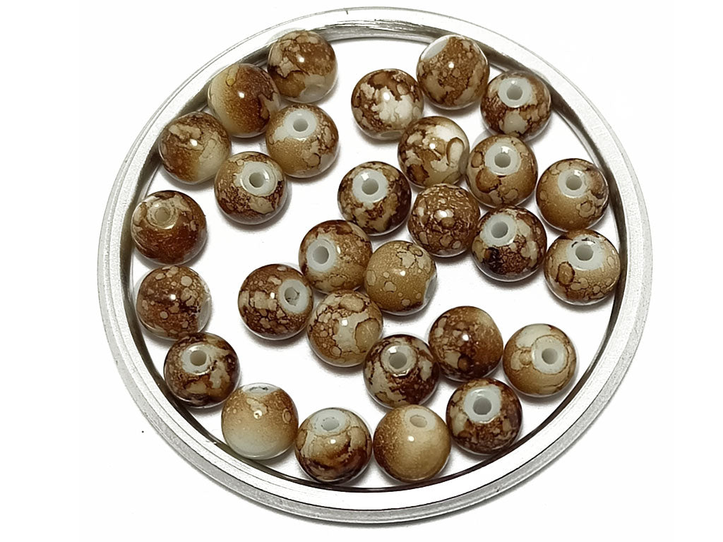 Brown & White Spherical Spotted Glass Pearls