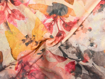 Multicolor 100 % Pure Cotton Chikan Embroidered Fabric