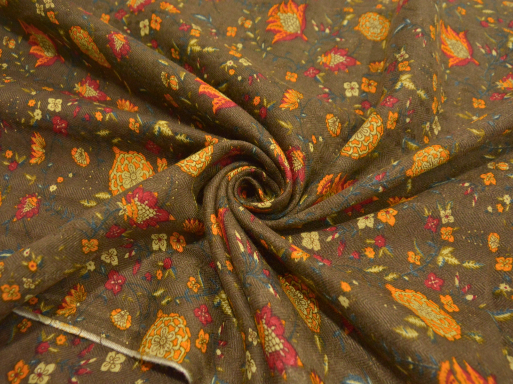 Brown Floral Printed Semi Pashimna Woolen Fabric