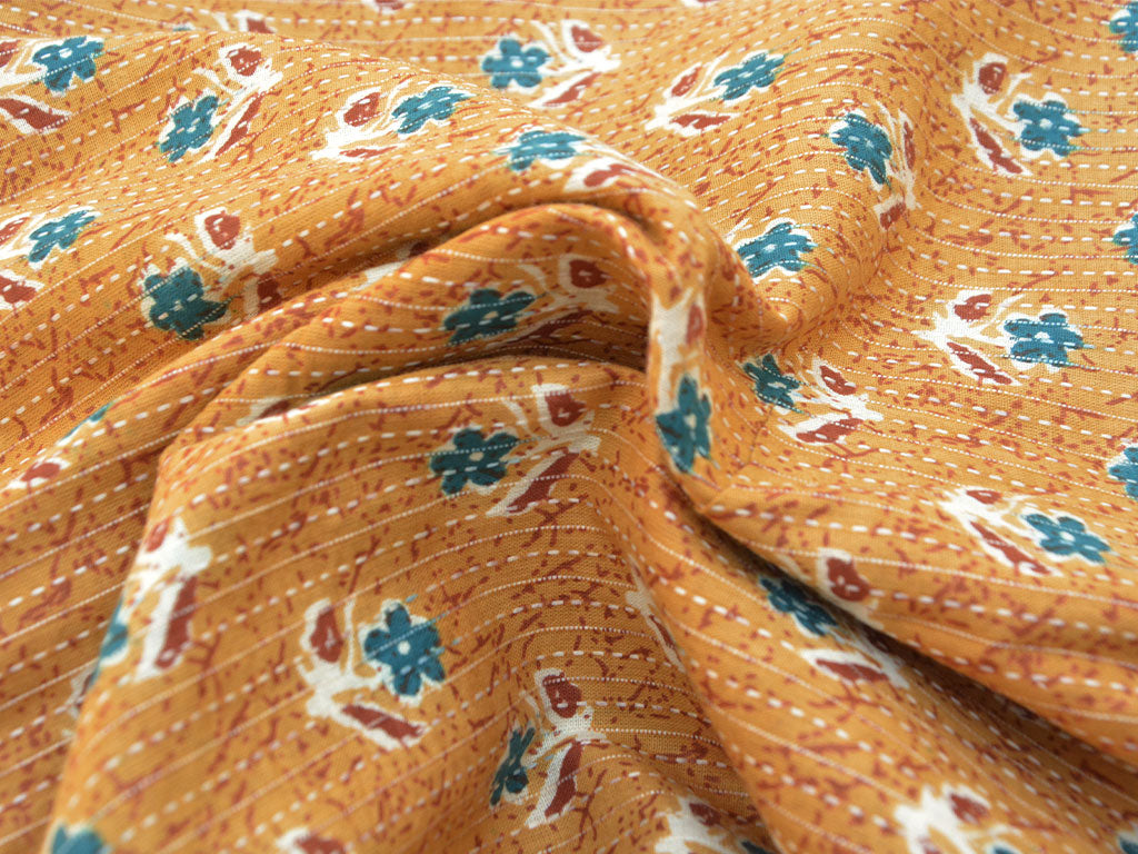 Persion Orange Floral Pure Cotton Kantha Fabric