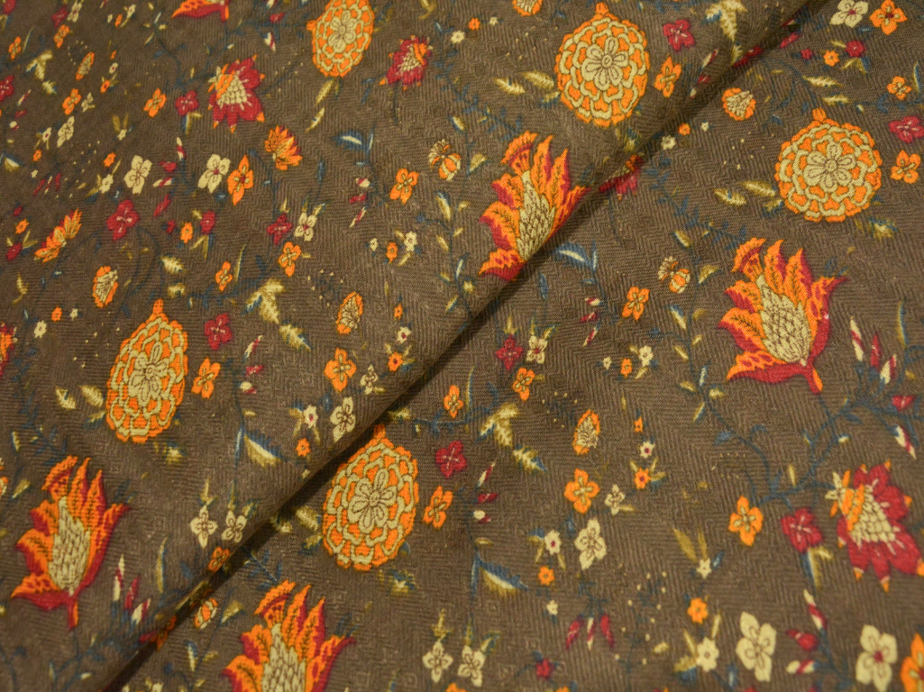 Brown Floral Printed Semi Pashimna Woolen Fabric