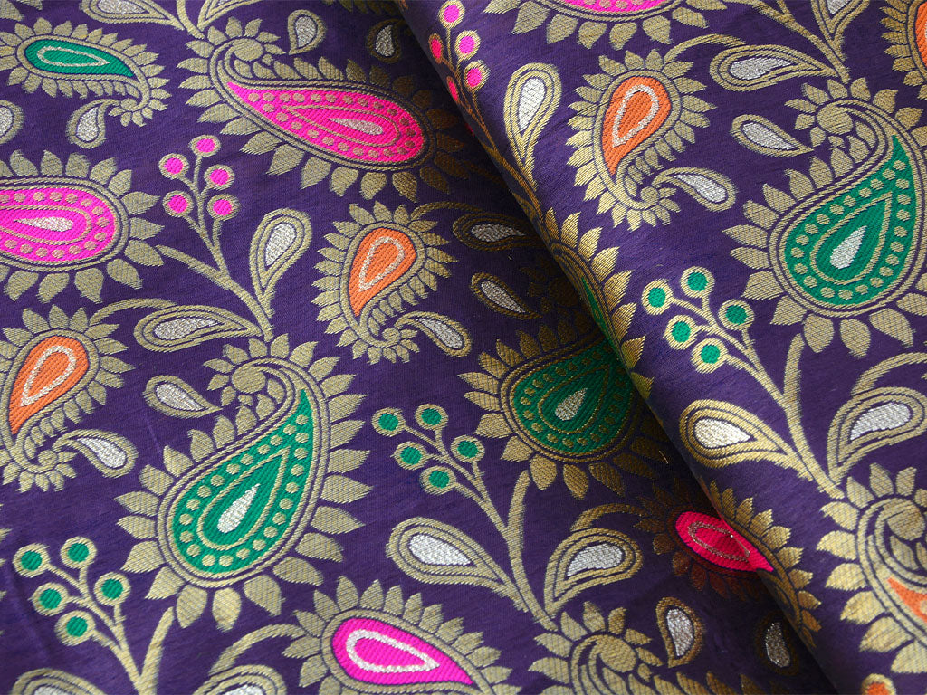 Purple Multicolor Paisely Heavy Semi Banarasi Brocade Fabric