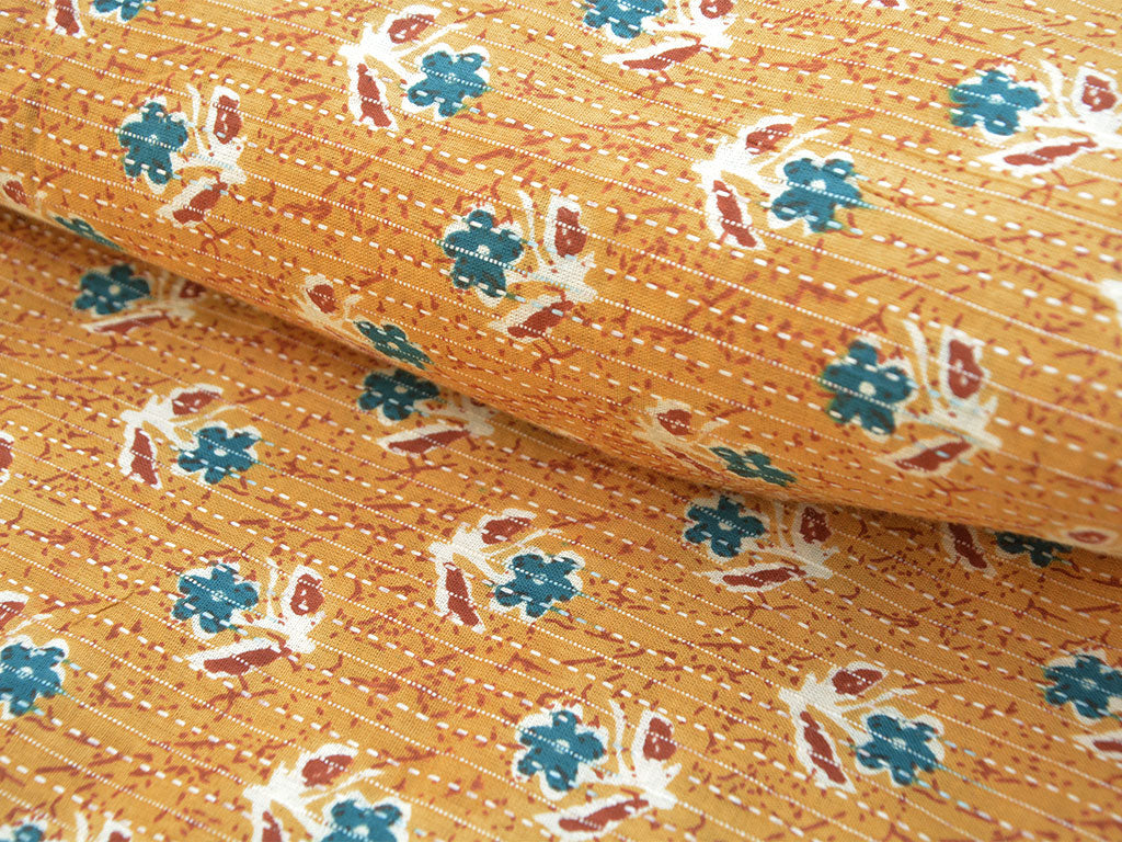 Persion Orange Floral Pure Cotton Kantha Fabric