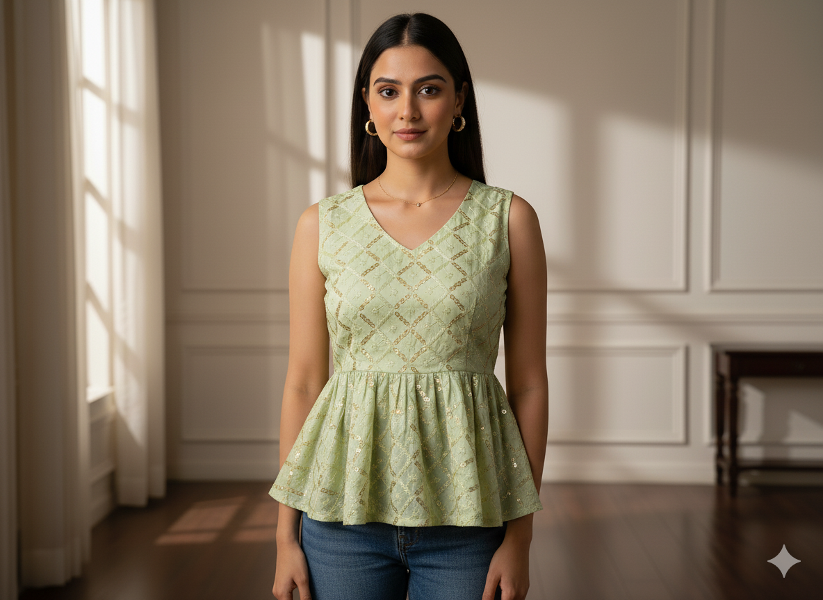 हल्के हरे रंग का मेटैलिक सेक्विन कढ़ाई वाला मलाई साटन कपड़ा