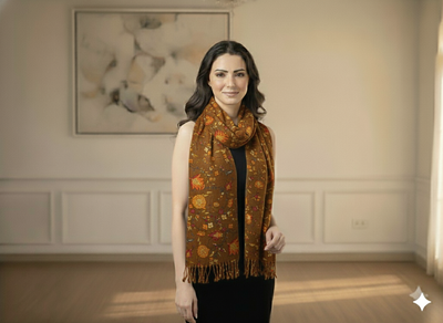 Brown Floral Printed Semi Pashimna Woolen Fabric