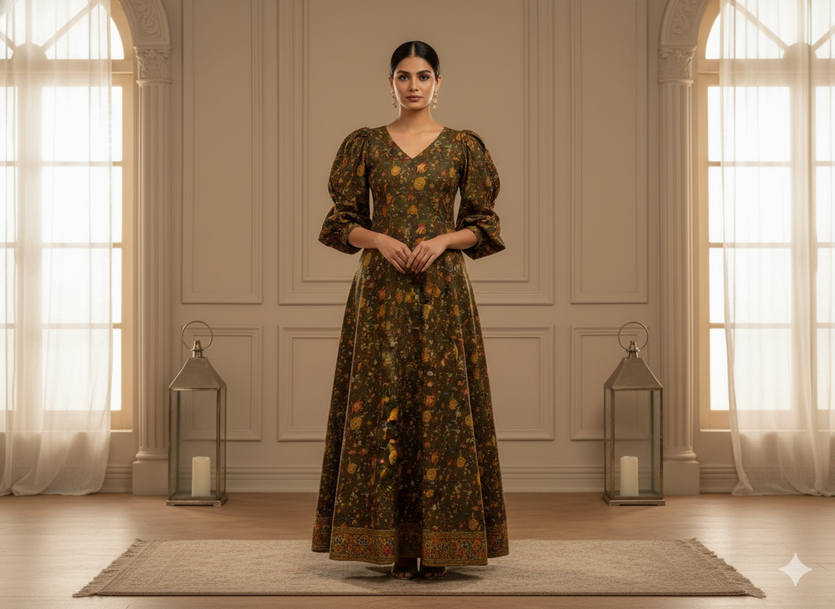 Brown Floral Printed Semi Pashimna Woolen Fabric