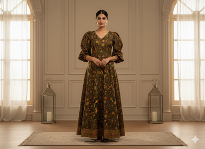 Brown Floral Printed Semi Pashimna Woolen Fabric