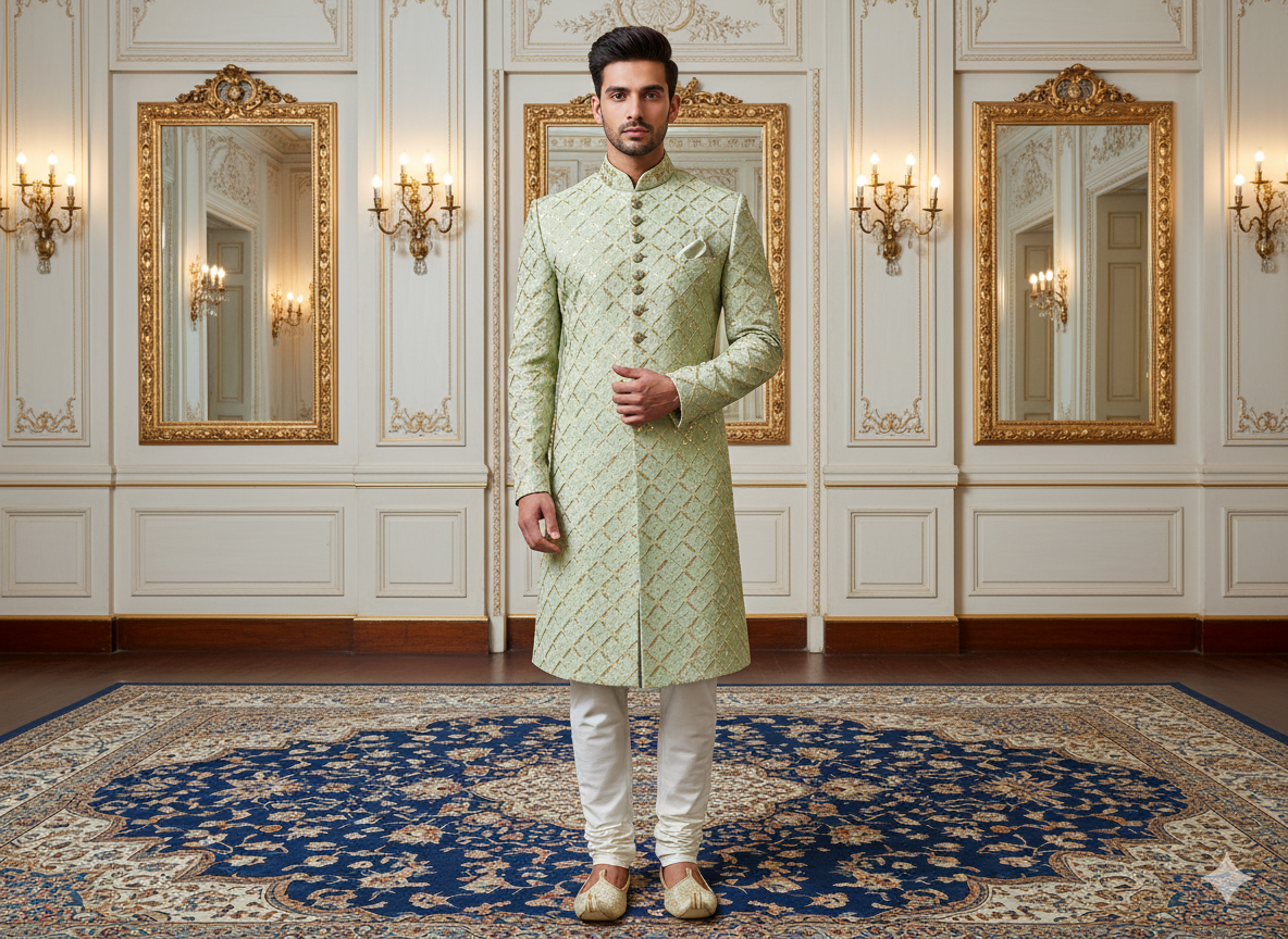 हल्के हरे रंग का मेटैलिक सेक्विन कढ़ाई वाला मलाई साटन कपड़ा