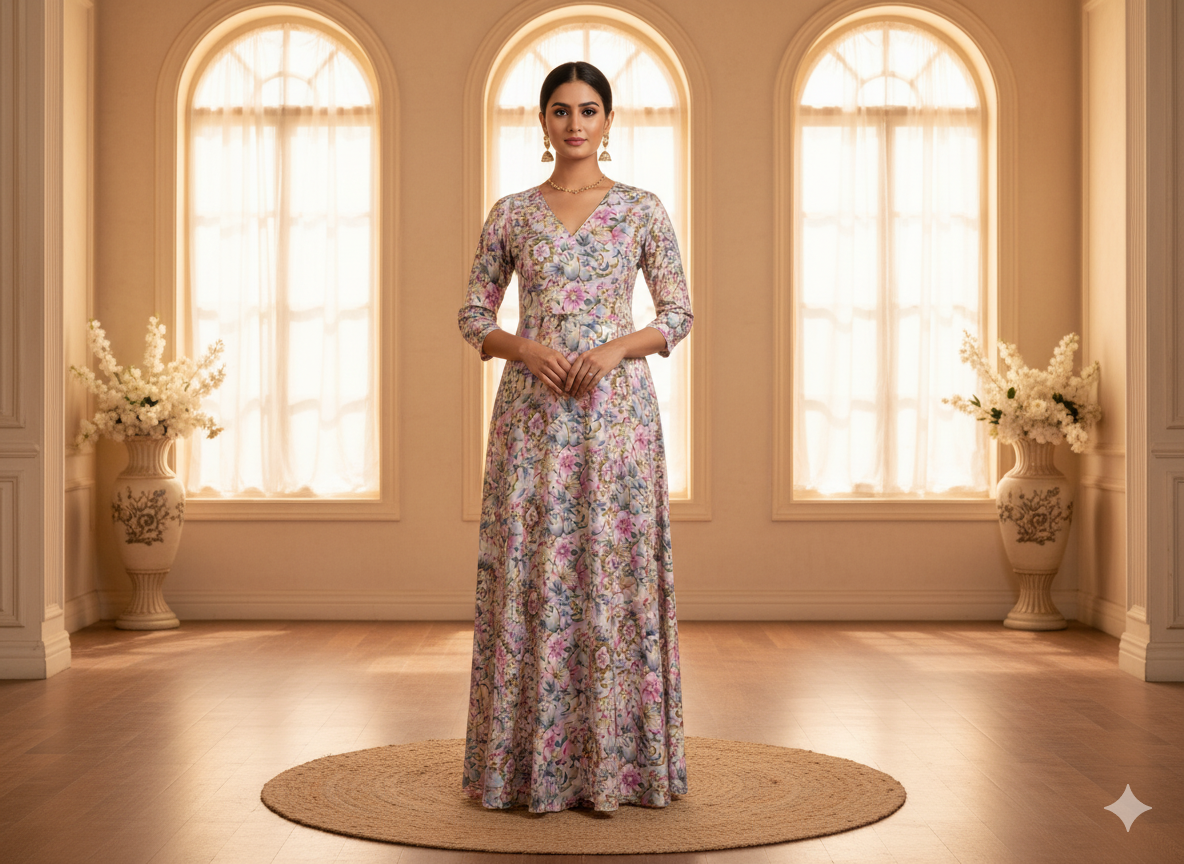 Light Purple Floral Digitally Printed Butter Crepe Fabric