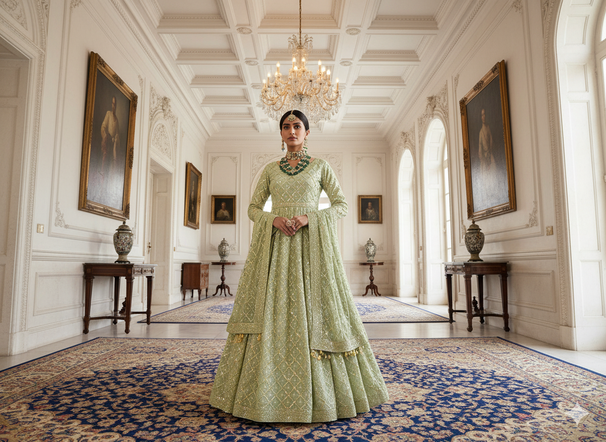 हल्के हरे रंग का मेटैलिक सेक्विन कढ़ाई वाला मलाई साटन कपड़ा