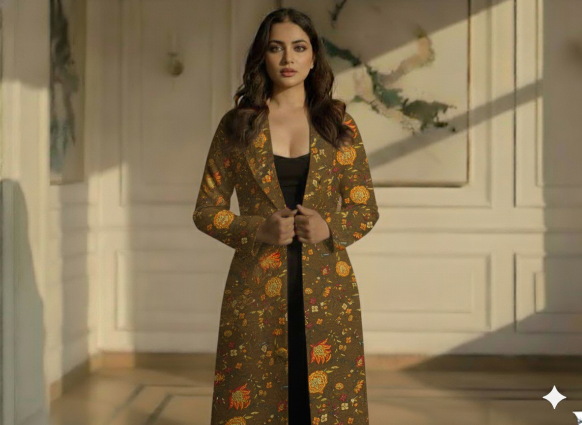 Brown Floral Printed Semi Pashimna Woolen Fabric