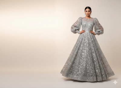 Light Gray  Viscose Georgette With Sequins Embroidered Fabric
